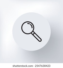 A minimalist magnifying glass icon symbolizing research in a circle on a light gray background.