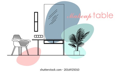 Minimalist makeup table with mirror and armchair. Graphic illustration. Drawing.