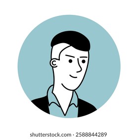 A minimalist male avatar icon featuring a smiling man with short black hair, wearing a collared shirt and jacket. The illustration is set against a light blue circular background. Vector illustration