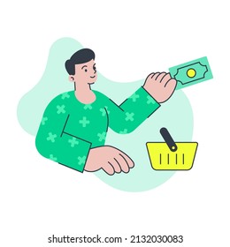 Minimalist male customer buying grocery goods with shopping cart paying cash vector flat illustration. Man buyer enjoy purchase pay money dollar at supermarket isolated. Big limbs style
