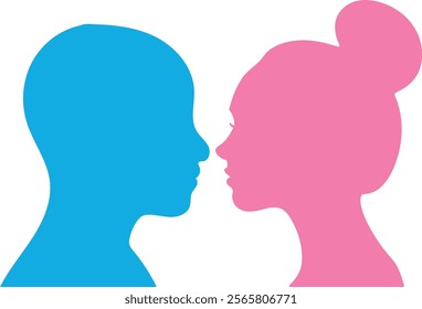 Minimalist Male and Female Silhouette Facing Each Other, Pink and Blue