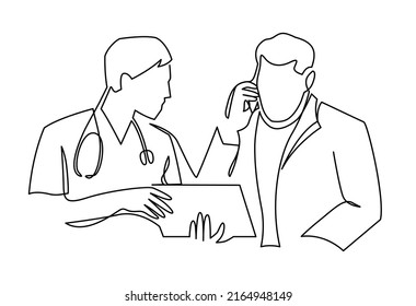 Minimalist male medical workers. A young resident and the chief physician discuss the diagnosis. Doctor with stethoscope in standing position continuous one line vector illustration