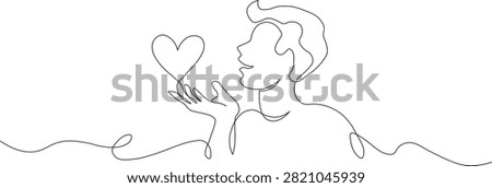 Minimalist man blowing a delicate heart shape from his open hand rendered in a single continuous black line drawing style on a clean white space showcasing romantic affection and tender emotion with smooth fluid artistic curves to create a modern elegant aesthetic suitable for valentines day or wedding greeting cards
