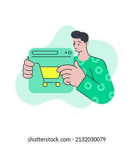 Minimalist man choosing goods purchase online store browsing internet vector flat illustration. Male customer putting grocery products into shopping card web order. Big limbs style