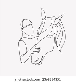 Minimalist man with horse one-line. Vector illustration. Continuous one-line drawing.