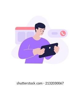 Minimalist man internet user talking online video call use camera tablet pc vector flat illustration. Business male enjoy remotely communication distance conversation browsing website isolated