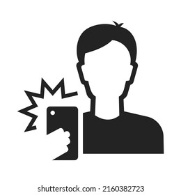 Minimalist man photographing on smartphone flash icon vector illustration. Monochrome male taking selfie portrait use mobile phone camera web application isolated. Blogger photography on telephone