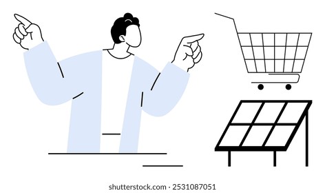 Hombre minimalista apuntando a un Carrito de compras y un panel solar. Ideal para comercio electrónico, tecnología, energía verde, sostenibilidad y negocios. Diseño plano simple que enfatiza temas modernos