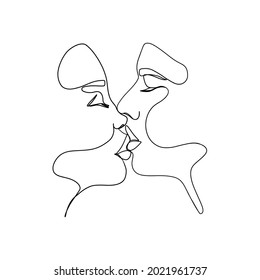 Minimalist man woman one line drawing. Love couple kiss abstract style, continuous line art print. Vector illustration
