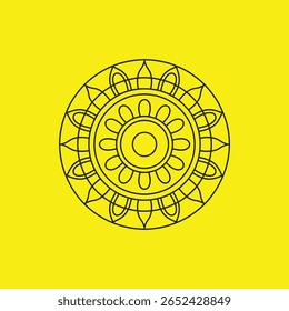 A minimalist mandala with a central circular motif,
 surrounded by concentric layers of simplistic shapes like squares, triangles,
 and petals. The black line art is clean and bold,
 standing against 