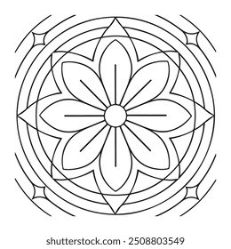 Minimalist Mandala Coloring Page with Central Flower and Geometric Shapes Coloring Book Page