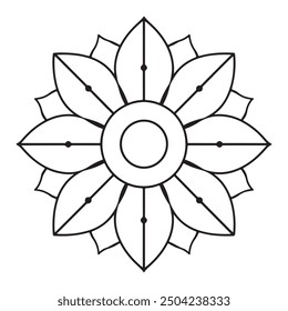 Minimalist Mandala Design with Radiating Petal Shapes and Geometric Forms Coloring Book Page, Henna