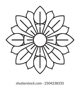 Minimalist Mandala Design with Radiating Petal Shapes and Geometric Forms Coloring Book Page, Henna