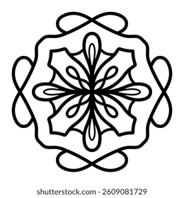 Minimalist mandala with flowing lines and abstract floral shapes in a hexagonal frame. Symbolizing elegance and calm. Suitable for tattoos, prints, or decorative digital art assets.