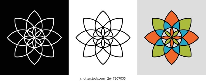 Minimalist mandala with overlapping diamonds and bright accents for clean, vibrant decor.