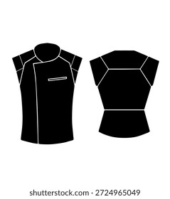 Bosquejo técnico del chaleco del cuello del mandarín minimalista, chaqueta sin mangas contemporánea negra, vista delantera y posterior