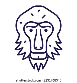 Minimalist mandril monkey head icon. Hamadryas baboon primate face emblem in line art design.