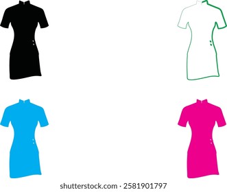 Minimalist mannequin outlines, colorful fashion silhouettes, simplified dress forms, geometric clothing shapes, clean line drawings, vibrant neon colors, white background, retro fashion illustration s