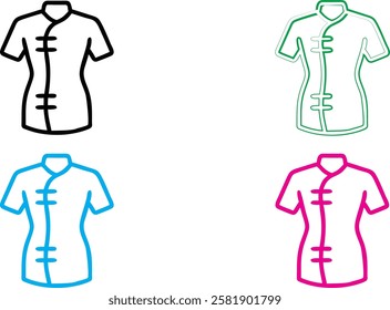 Minimalist mannequin outlines, colorful fashion silhouettes, simplified dress forms, geometric clothing shapes, clean line drawings, vibrant neon colors, white background, retro fashion illustration s