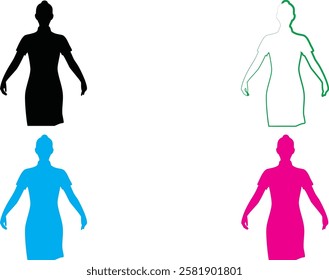 Minimalist mannequin outlines, colorful fashion silhouettes, simplified dress forms, geometric clothing shapes, clean line drawings, vibrant neon colors, white background, retro fashion illustration s