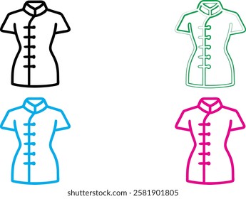 Minimalist mannequin outlines, colorful fashion silhouettes, simplified dress forms, geometric clothing shapes, clean line drawings, vibrant neon colors, white background, retro fashion illustration s