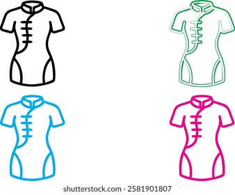 Minimalist mannequin outlines, colorful fashion silhouettes, simplified dress forms, geometric clothing shapes, clean line drawings, vibrant neon colors, white background, retro fashion illustration s