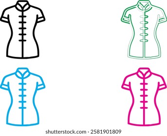 Minimalist mannequin outlines, colorful fashion silhouettes, simplified dress forms, geometric clothing shapes, clean line drawings, vibrant neon colors, white background, retro fashion illustration s