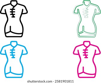 Minimalist mannequin outlines, colorful fashion silhouettes, simplified dress forms, geometric clothing shapes, clean line drawings, vibrant neon colors, white background, retro fashion illustration s