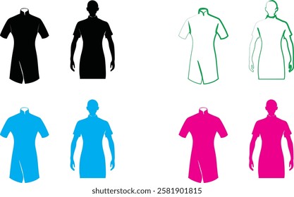 Minimalist mannequin outlines, colorful fashion silhouettes, simplified dress forms, geometric clothing shapes, clean line drawings, vibrant neon colors, white background, retro fashion illustration s