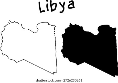 Minimalistische Karte Libyens mit schwarzer Silhouette und sauberem Umriss auf weißem Hintergrund, perfekt für Geografie, Reisen, Bildung und Grafikdesign.