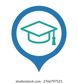 A minimalist map marker icon featuring a graduation cap symbol, perfect for representing school locations, university campus navigation, academic search results, or educational institution mapping.