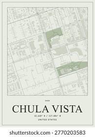Minimalist map poster of chula vista united states with sage green color scheme and geographic coordinates