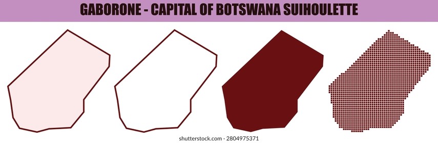 Minimalist map silhouettes of gaborone featuring flat vector shapes and thin line outlines with halftone pixelated version showing city limits on transparent background.