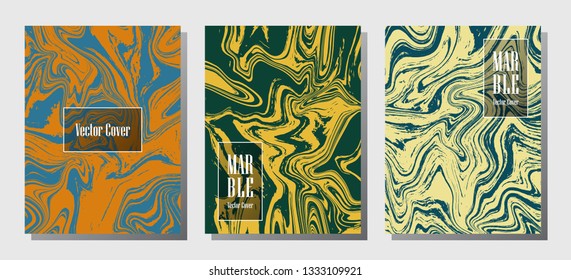 Minimalist marble prints, vector cover design templates. Fluid marble stone texture iInteriors fashion magazine backgrounds  Corporate journal patterns set of liquid ink waves. Flyers, banners set.