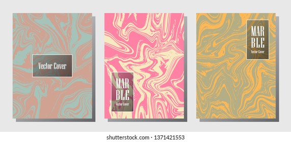 Minimalist marble prints, vector cover design templates. Fluid marble stone texture iInteriors fashion magazine backgrounds  Corporate journal patterns set of liquid clay waves. Flyers, banners set.