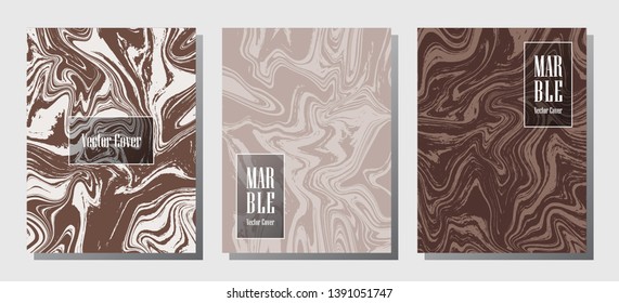 Minimalist marble prints, vector cover design templates. Fluid marble stone texture iInteriors fashion magazine backgrounds  Corporate journal patterns set of liquid clay waves. Report covers.
