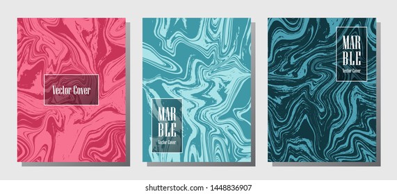 Minimalist marble prints, vector cover design templates. Fluid marble stone texture iInteriors fashion magazine backgrounds  Corporate journal patterns set of liquid paint waves. Notebook prints set.