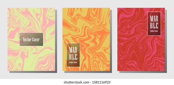Minimalist marble prints, vector cover design templates. Fluid marble stone texture iInteriors fashion magazine backgrounds  Corporate journal patterns set of liquid ink waves. Splash effect prints.