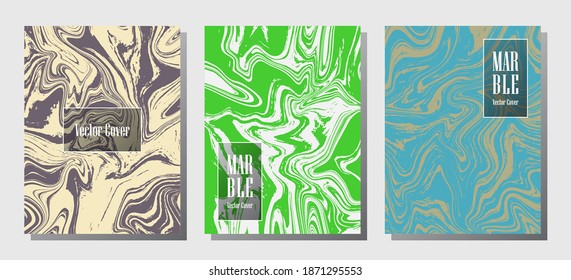 Minimalist marble prints, vector cover design templates. Fluid marble stone texture iInteriors fashion magazine backgrounds  Corporate journal patterns set of liquid paint waves. Splash effect prints.
