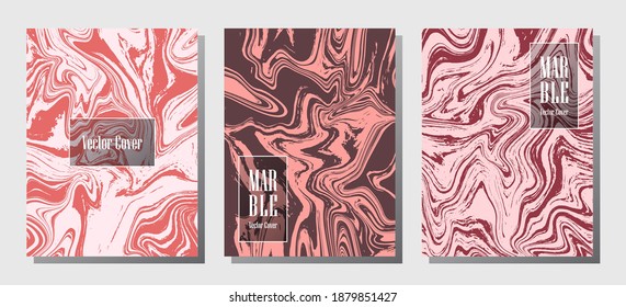 Impresiones de mármol minimalista, plantillas de diseño de portada vectorial. Textura de piedra de mármol fluido iInteriors fondo de la revista de moda Patrones de revistas corporativos conjunto de ondas de pintura líquida. Juego de afiches.