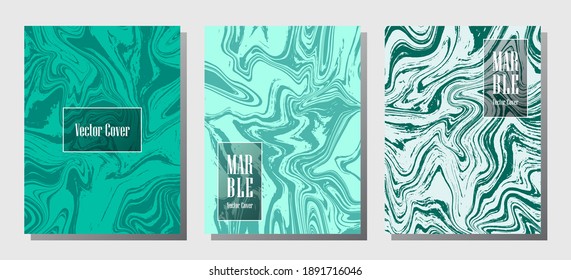 Minimalist marble prints, vector cover design templates. Fluid marble stone texture iInteriors fashion magazine backgrounds  Corporate journal patterns set of liquid clay waves. Notebook prints set.