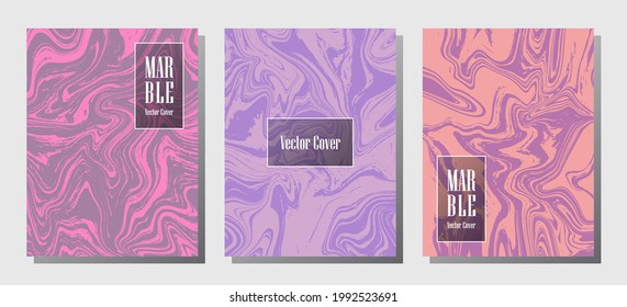 Minimalist marble prints, vector cover design templates. Fluid marble stone texture iInteriors fashion magazine backgrounds  Corporate journal patterns set of liquid ink waves. Brochure covers set.