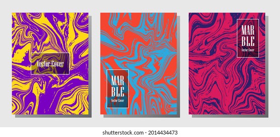Minimalist marble prints, vector cover design templates. Fluid marble stone texture iInteriors fashion magazine backgrounds  Corporate journal patterns set of liquid oil waves. Report covers.