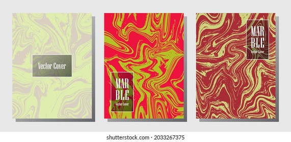 Minimalist marble prints, vector cover design templates. Fluid marble stone texture iInteriors fashion magazine backgrounds  Corporate journal patterns set of liquid ink waves. Brochure covers set.