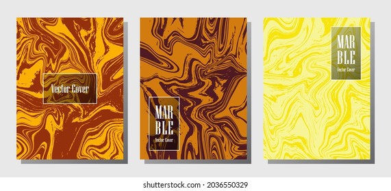 Minimalist marble prints, vector cover design templates. Fluid marble stone texture iInteriors fashion magazine backgrounds  Corporate journal patterns set of liquid oil waves. Flyers, banners set.