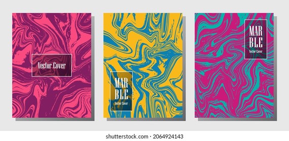 Minimalist marble prints, vector cover design templates. Fluid marble stone texture iInteriors fashion magazine backgrounds  Corporate journal patterns set of liquid clay waves. Posters set.