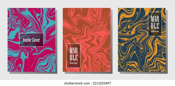 Minimalist marble prints, vector cover design templates. Fluid marble stone texture iInteriors fashion magazine backgrounds  Corporate journal patterns set of liquid clay waves. Brochure covers set.