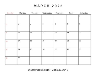 Minimalist March 2025 calendar design vector illustration. Perfect for planners, organizers, or scheduling purposes.