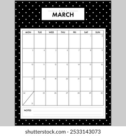 Minimalist March 2025 Calendar Month. Elegant Black and White Dotted Background month by month planner with writing space for organization. Part of a monthly year set.