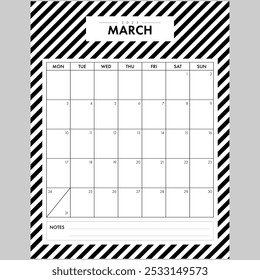 Minimalist March 2025 Calendar Month. Elegant Black and White Stripped Background month by month planner with writing space for organization. Part of a monthly year set.